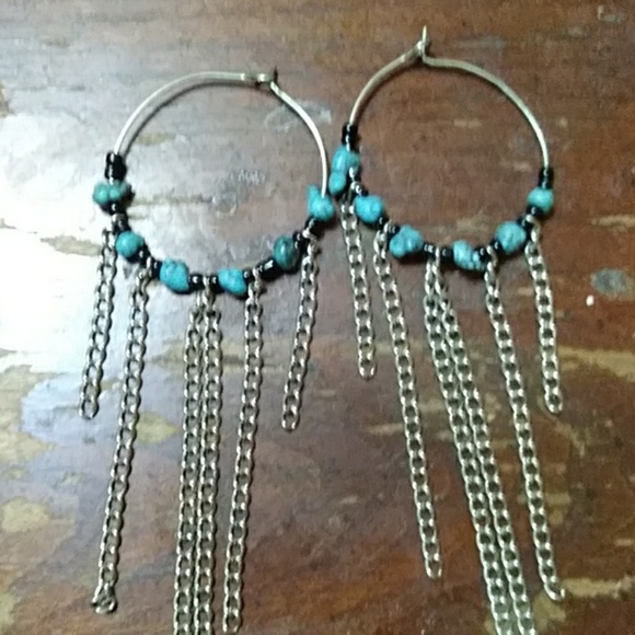 Rock Turquoise & beaded hoop dangle earrings - Picture 2 of 4